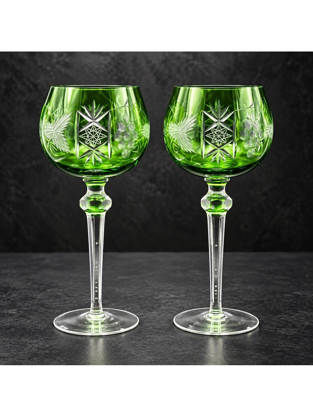 Set of 2 Vintage Green Cut to Clear Crystal Wine Goblets 8.25"